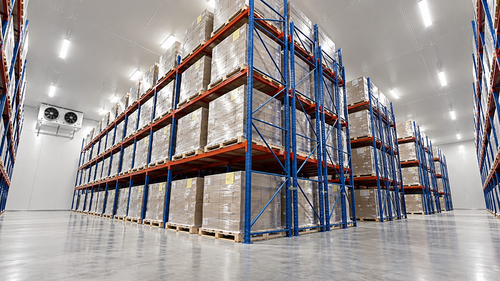 Pallets of cased product stored in tall blue and orange selective racking inside a Blue Dot Cold Storage cooler