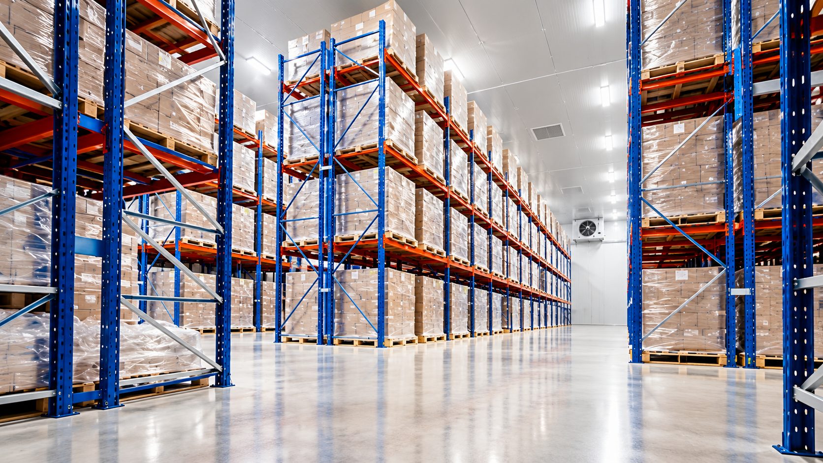 Long cooler aisle lined with pallet racking and an evaporator unit on the back wall